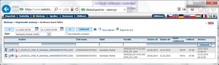 súbory vyčítané z karty vodiča vloženej v digitálnom tachografe