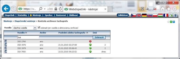 Na zákonnou povinnost archivace je obsluha upozorněna v agendě Kontrola archivace dat tachografu